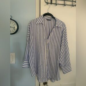 Zara Sky Blue and White Striped Lienen Blend Oversize Shirt
